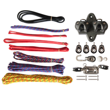 Deck plate with cleats & pro-lead fairleads, 4 x 20mm dynamic single blocks, 1 x 20mm dynamic single block with hook, Deck plate with 2 x dynamic single fork head blocks attached, Dyneema outhaul line, Dyneema outhaul control line, Outhaul elastic, Dyneema outhaul front block line, Dyneema cunningham line, Cunningham control line, Mast retainer, 4 x Stainless screws, 2 x rope stoppers.