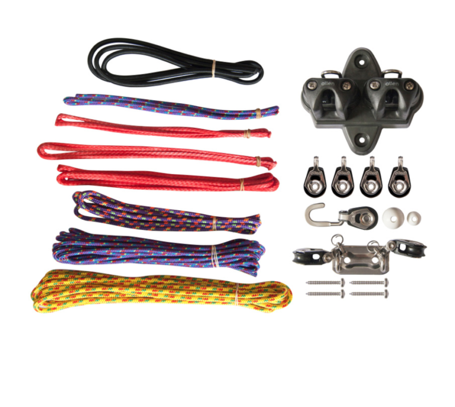 Deck plate with cleats & pro-lead fairleads, 4 x 20mm dynamic single blocks, 1 x 20mm dynamic single block with hook, Deck plate with 2 x dynamic single fork head blocks attached, Dyneema outhaul line, Dyneema outhaul control line, Outhaul elastic, Dyneema outhaul front block line, Dyneema cunningham line, Cunningham control line, Mast retainer, 4 x Stainless screws, 2 x rope stoppers.